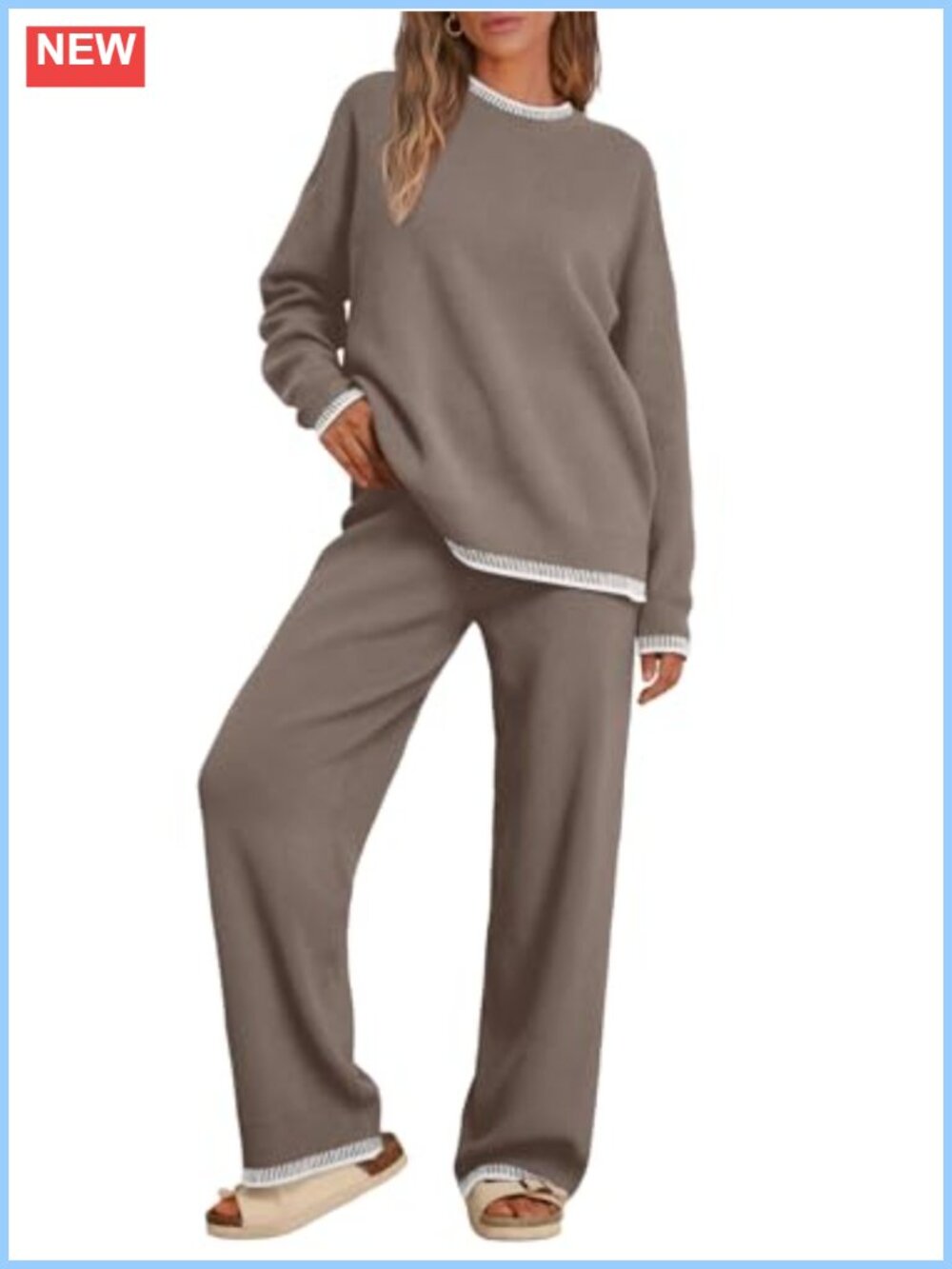 Knit Sweater Set 2 Piece Lounge Wide Leg Pants Crewneck Slouchy Fit